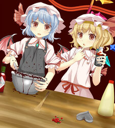  2girls apron bad_food bat_wings berry blonde_hair blue_hair bowl brooch bunchou_(bunchou3103) chocolate chocolate_making commentary_request dutch_angle finger_to_own_chin flandre_scarlet hat hat_ribbon heart jewelry looking_at_viewer mayonnaise messy mob_cap multiple_girls open_mouth poison_(final_fight) red_background red_eyes remilia_scarlet ribbon short_sleeves siblings sisters skull_and_crossbones sweatdrop tabasco table touhou wings 