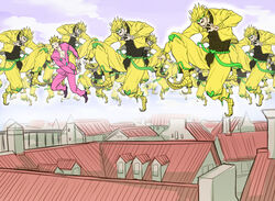  6+boys bad_id bad_pixiv_id blonde_hair commentary_request dio_brando giorno_giovanna jojo_no_kimyou_na_bouken jumping kijinkutsu male_focus multiple_boys odd_one_out parody pose rooftop shingeki_no_kyojin stardust_crusaders vento_aureo 