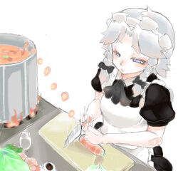  carrot cooking female fire izayoi_sakuya knife ryu3224 touhou white_hair 