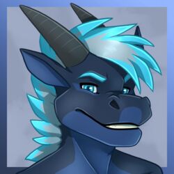  1:1 2018 black_horn blue_eyes blue_hair blue_nose bust_portrait cool_colors digital_media_(artwork) dragon earthstorm fangs hair horn kael_tiger long_ears looking_at_viewer male mythological_creature mythological_scalie mythology portrait reptile scalie sharp_teeth simple_background smile solo teeth 