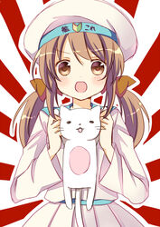  bad_id bad_pixiv_id batsubyou brown_eyes brown_hair donald_duck_sailor_hat error_musume feline female girl_holding_a_cat_(kancolle) hair_ribbon hat humanization kantai_collection long_hair open_mouth oumi_neneha ribbon shoshinsha_mark skirt smile solo sunburst sunburst_background twintails upper_body whiskers 