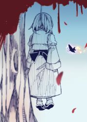  anarogumaaa bad_id bad_pixiv_id blood blood_splatter bug butterfly death female from_behind full_body hanged long_sleeves noose origin_story petals saigyouji_yuyuko sandals short_hair socks solo suicide touhou tree 