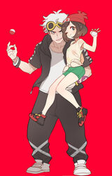  1boy beanie black_eyes black_hair black_hoodie black_pants blue_eyes collarbone eyewear_on_head female full_body green_shorts guzma_(pokemon) hat holding holding_poke_ball hoodie knees_together_feet_apart looking_at_viewer mizuki_(pokemon_sm) one_eye_closed pants poke_ball poke_ball_theme pokemon pokemon_(game) pokemon_sm red_background red_footwear red_hat shirt shoes short_sleeves shorts simple_background sitting smile standing sunglasses tattoo teeth tied_shirt white_footwear white_hair white_shirt wink wristband yellow-framed_eyewear yellow_shirt zuizi 