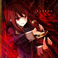  akine_(kuroyuri) bemani character_name commentary_request ears_visible_through_hair female holding holding_sword holding_weapon katana kureha_(sound_voltex) long_hair long_sleeves red_background red_eyes red_hair sleeve_cuffs solo sound_voltex sword upper_body weapon 