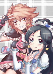  2girls arm_warmers bike_shorts black_dress black_hair blue_eyes brooch brown_eyes brown_hair commentary_request cure_black cure_white dress earrings futari_wa_precure futari_wa_precure_max_heart gloves half_updo heart heart_brooch jewelry long_hair magical_girl misumi_nagisa multiple_girls precure ribbon short_hair shorts shorts_under_skirt smile sumiosmith v white_dress yukishiro_honoka 