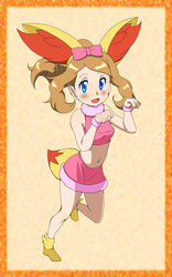  alternate_costume blue_eyes brown_hair cosplay creatures_(company) female fennekin fennekin_(cosplay) game_freak gen_6_pokemon highres long_hair nintendo pokemon pokemon_(anime) pokemon_xy_(anime) serena_(pokemon) solo striped striped_background 