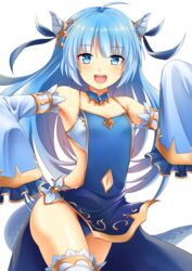  :d absurdres ahoge armpits backless_outfit bare_shoulders blue_dress blue_eyes blue_hair blue_panties blue_ribbon breasts clothing_cutout commentary_request cowboy_shot detached_collar detached_sleeves dress female frilled_sleeves frills hair_ribbon hand_up highres horns king&#039;s_raid lilia_(king&#039;s_raid) long_hair long_sleeves looking_at_viewer navel navel_cutout open_mouth ositi0528 outstretched_arms panties pantyshot pelvic_curtain ribbon sleeves_past_fingers sleeves_past_wrists small_breasts smile solo spaghetti_strap standing tail teeth thighhighs thighs transparent_background underwear upper_teeth_only white_thighhighs wide_sleeves 