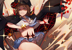  brass_knuckles brown_hair commentary_request crescent crescent_moon_pin crop_top epaulettes frown hat jacket_on_shoulders kill_la_kill mankanshoku_mako marchab_66 midriff mouth_hold navel neckerchief outstretched_arm panties pantyshot pantyshot_(standing) peaked_cap pleated_skirt skirt solo sparkle standing star underwear weapon white_panties 