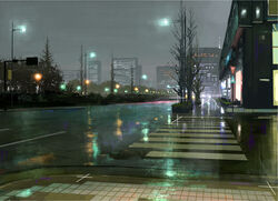  bad_id bad_pixiv_id bare_tree building cityscape commentary crosswalk highres lamppost night no_humans original outdoors rain road scenery sidewalk sign street tomiya_(tomiya2117) tree wet window 