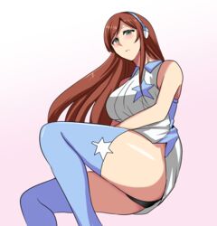  bad_id bad_pixiv_id bare_shoulders brown_hair female green_eyes gundam gundam_build_fighters gundam_build_fighters_try headset hifumi_hajime kamiki_mirai solo thighhighs 