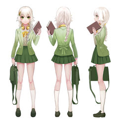  antweiyi bag book braid commentary_request dong-jin_rice-hime female green_eyes green_footwear green_skirt hair_ornament handbag headphones headphones_around_neck holding holding_book kneehighs long_hair multiple_views profile school_uniform shoes skirt socks standing suiji white_hair white_legwear 