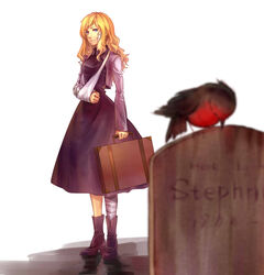  bandage batman_(series) bird blonde_hair blue_eyes dc_comics dress female highres long_sleeves purple_dress robin sling stephanie_brown suitcase tombstone 