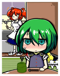  2girls animal_slippers apron blush closed_eyes commentary_request cup green_eyes green_hair hair_bobbles hair_ornament hat kunitori multiple_girls onozuka_komachi open_mouth panda_slippers red_hair ribbon shiki_eiki short_hair slippers smile touhou two_side_up unworn_hat unworn_headwear 