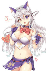  :d animal_ear_fluff animal_ears bare_shoulders blush braid breasts cleavage commentary_request crop_top english_text fangs female fingernails gloves groin hair_between_eyes hands_up head_tilt heart heterochromia highres long_hair looking_at_viewer medium_breasts midriff nail_polish navel open_mouth partially_fingerless_gloves purple_eyes purple_gloves purple_skirt red_eyes red_nails simple_background sirius_(warship_girls_r) skirt smile solo twin_braids very_long_hair warship_girls_r white_background white_hair zhudacaimiao 