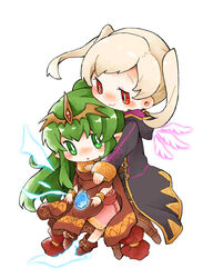  2girls bracelet cloak closed_mouth commentary_request dress fire_emblem fire_emblem:_mystery_of_the_emblem fire_emblem_awakening fire_emblem_heroes green_eyes green_hair grima_(fire_emblem) highres hood hood_down hug hug_from_behind jewelry long_hair long_sleeves multiple_girls parted_lips pink_dress pointy_ears ponytail red_eyes robe robin_(female)_(fire_emblem) robin_(fire_emblem) shunrai simple_background smile stone tiara tiki_(fire_emblem) tiki_(young)_(fire_emblem) twintails white_background white_hair 