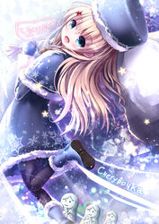  black_pantyhose blonde_hair blue_eyes blue_gloves capelet commentary_request eyebrows female gloves hair_ornament holding long_hair looking_at_viewer matryoshka_doll merry_christmas missile228 open_mouth original pantyhose russian_text sack snegurochka_(mythology) solo star_(symbol) star_hair_ornament translated 