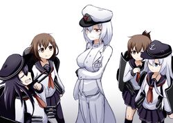  5girls akatsuki_(kancolle) arm_grab blue_eyes blue_hair breasts brown_eyes brown_hair closed_eyes commentary_request crossed_out female_abyssal_admiral_(kancolle) female_admiral_(kancolle) folded_ponytail hat hibiki_(kancolle) ikazuchi_(kancolle) inazuma_(kancolle) kantai_collection long_hair military_hat multiple_girls name_tag ogawa_shou open_mouth red_eyes scar school_uniform serafuku smile turret white_background white_hair 