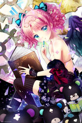  aqua_eyes bad_id bad_pixiv_id bare_shoulders blush book breasts cleavage eyewear_on_head female gears hair_ribbon original pecorin photoshop_(medium) pink_hair ribbon short_hair small_breasts solo stuffed_animal stuffed_toy tattoo teddy_bear thighhighs wings 