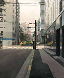  bad_id bad_pixiv_id building car commentary_request crosswalk door highres lamppost motor_vehicle no_humans original outdoors power_lines reflection road scenery sidewalk sign speed_limit_sign street taxi tomiya_(tomiya2117) traffic traffic_light window 