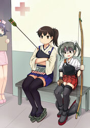  3girls ahoge arrow_(projectile) arrow_in_body black_thighhighs blood blue_skirt bow_(weapon) brown_eyes brown_hair clipboard commentary covering_own_mouth cross crossed_arms father_shot_by_son_(meme) gloves hat highres holding holding_bow_(weapon) holding_weapon indoors injury jitome kaga_(kancolle) kantai_collection medium_hair meme multiple_girls muneate no_mouth nurse nurse_cap okobo open_mouth pale_eye partially_fingerless_gloves photo-referenced pink_footwear pleated_skirt purple_hair red_cross red_eyes red_skirt sandals scared short_sleeves side_ponytail sitting skirt sweat sweatdrop taigei_(kancolle) tears thighhighs trembling turn_pale twintails weapon y.ssanoha zettai_ryouiki zuikaku_(kancolle) 