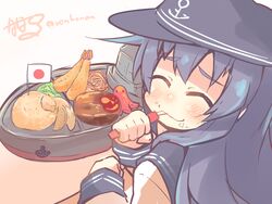  akatsuki_(kancolle) anchor_symbol black_hair closed_eyes commentary_request female flag food food_art hat kantai_collection long_hair nanateru okosama_lunch shrimp shrimp_tempura smile solo tako-san_wiener tempura 