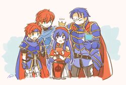  1boy armor bad_id bad_twitter_id blue_eyes blue_hair cape couple dress eliwood_(fire_emblem) father_and_daughter father_and_son female fire_emblem fire_emblem:_the_binding_blade fire_emblem:_the_blazing_blade fire_emblem_heroes hat headband hector_(fire_emblem) lilina_(fire_emblem) long_hair murabito_ba red_eyes red_hair roy_(fire_emblem) short_hair simple_background smile straight 