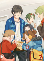  6+boys akiyama_hayato bad_id bad_pixiv_id coat earmuffs eating himeno_kanon idolmaster idolmaster_side-m male_focus multiple_boys okamura_nao pall scarf shinonome_soichiro tachibana_shiro_(idolmaster) winter_clothes winter_coat yamamura_ken 