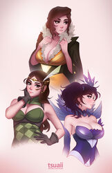  3girls artist_name bare_shoulders black_gloves breasts brown_eyes brown_hair cleavage coat cosplay dark_elementalist_lux dress elbow_gloves elementalist_lux elementalist_lux_(cosplay) feather_hair_ornament feathers fire_emblem fire_emblem_awakening gloves green_dress hair_ornament hand_on_own_face hand_on_own_hip large_breasts league_of_legends lux_(league_of_legends) mea_koenig multiple_girls multiple_persona noire_(fire_emblem) noire_(fire_emblem)_(cosplay) orange_dress original photoshop_(medium) profile purple_dress purple_gloves red_(transistor) red_(transistor)_(cosplay) side_ponytail supergiant_games transistor_(game) tsuaii watermark web_address 