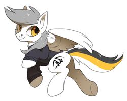  2017 clothed clothing cutie_mark equid equine fan_character feathered_wings feathers feral grey_hair hair hasbro hioshiru hooves kej_(kejifox) male mammal my_little_pony mythological_creature mythological_equine mythology pegasus simple_background smile solo white_background white_body white_feathers wings yellow_eyes 