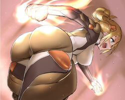  annie_leonhart ass bent_over blue_eyes bodysuit breasts brown_hair commentary_request cosplay ember_(warframe) ember_(warframe)_(cosplay) female fire hair_bun large_breasts no_headwear otoi_rekomaru shingeki_no_kyojin short_hair single_hair_bun skin_tight solo sweat thighs warframe 