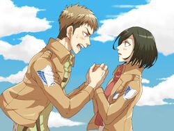  1boy black_hair blush brown_hair cloud female hand_holding jean_kirchstein light_brown_hair looking_at_another mikasa_ackerman military military_uniform multicolored_hair open_mouth scarf shingeki_no_kyojin short_hair sky surprised sweatdrop two-tone_hair uniform 