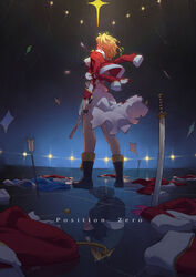  arm_at_side arrow_(projectile) blonde_hair blood blood_on_clothes boots broken broken_sword broken_weapon cape chipped_sword commentary daiba_nana different_reflection english_commentary english_text female floor hair_ribbon highres holding holding_arrow holding_sword holding_weapon hugging_own_legs impaled injury jacket jacket_on_shoulders katana left-handed military military_uniform planted planted_arrow planted_sword reflection reflective_floor regition ribbon school_uniform short_hair shoujo_kageki_revue_starlight solo squatting stage_lights standing sword torn_clothes twintails uniform weapon 