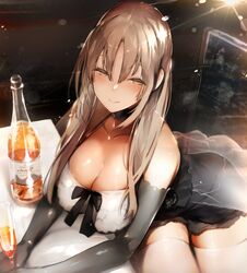  alcohol black_dress black_gloves blush bottle breasts brown_eyes champagne_flute commentary_request cup dress drinking_glass elbow_gloves female frilled_dress frills gloves half-closed_eyes halter_dress halterneck highres indoors large_breasts light light_brown_hair long_hair long_sleeves looking_at_viewer night nijisanji nishiide_kengorou official_alternate_costume open_mouth overskirt see-through see-through_skirt short_dress sidelocks sister_claire sister_claire_(2nd_costume) skindentation skirt smile solo thighhighs thighs very_long_hair virtual_youtuber white_thighhighs yellow_eyes 