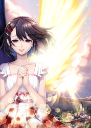  black_hair commentary_request dress female hair_ornament hairclip ikai_no_majutsushi jewelry miogrobin own_hands_clasped own_hands_together purple_eyes ring short_hair solo tsuzuki_sakuya wings 