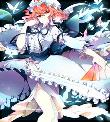  akibotann bad_id bad_pixiv_id breasts bug butterfly female folding_fan hand_fan hat japanese_clothes long_sleeves medium_breasts pink_hair red_eyes saigyouji_yuyuko sash short_hair smile touhou triangular_headpiece wide_sleeves 