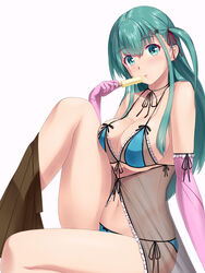  alternate_costume alternate_hairstyle aqua_bikini aqua_eyes aqua_hair arm_at_side babydoll bikini black_babydoll breasts brown_skirt camisole commentary_request elbow_gloves female food front-tie_top gloves hair_between_eyes hammerman_benkei highres kantai_collection large_breasts lingerie lips long_hair looking_at_viewer midriff navel pink_gloves pleated_skirt popsicle see-through side-tie_bikini_bottom side_ponytail sitting skirt skirt_around_one_leg solo suzuya_(kancolle) swimsuit thighs underboob underwear 