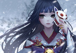  antweiyi bell black_hair blurry blurry_background brown_eyes commentary_request female japanese_clothes long_hair looking_at_viewer mask onmyoji photoshop_(medium) snow solo unworn_mask upper_body yuki_onna yuki_onna_(onmyoji) 