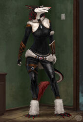  anthro belt breasts clothing female fur gloves handwear heni heni_(character) hi_res inside leather saterina sergal solo sweater tail topwear 