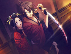  kazuki_yone okita_souji_(hakuouki) sword wafuku yukimura_chizuru 