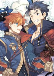  2boys blue_eyes blue_hair cape commentary_request eliwood_(fire_emblem) eliwood_(valentine)_(fire_emblem) fire_emblem fire_emblem:_the_blazing_blade fire_emblem_heroes hector_(fire_emblem) hector_(valentine)_(fire_emblem) highres male_focus multiple_boys nikame one_eye_closed open_mouth red_hair short_hair smile weapon 