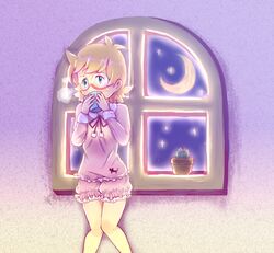  blonde_hair cup glasses little_witch_academia lotte_yanson moon night pajamas sleepwear window 