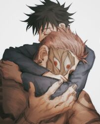  2boys arm_tattoo black_hair chest_tattoo closed_eyes commentary_request couple extra_eyes fushiguro_megumi hug jacket jujutsu_kaisen long_sleeves male_focus multiple_boys muscular muscular_male pectorals pink_hair red_eyes ryoumen_sukuna_(jujutsu_kaisen) short_hair shoulder_tattoo spiked_hair tattoo woshihedawei yaoi 