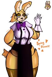  absurd_res animatronic anthro apron big_breasts black_apron black_clothing bonthebluefox bow_tie breasts buckteeth cheek_tuft clothing cuffs_(clothing) eyelashes facial_tuft female five_nights_at_freddy&#039;s fur gloves green_eyes hand_behind_back handwear head_tuft hi_res huge_breasts lagomorph leporid looking_at_viewer machine mammal narrowed_eyes purple_bow_tie purple_clothing purple_topwear rabbit raised_hand robot scottgames simple_background solo spring_bonnie_(fnaf) tan_body tan_fur teeth text thick_thighs topwear tuft white_background white_clothing white_gloves white_handwear wide_hips yellow_body yellow_fur 