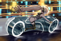  ahoge ass blonde_hair blue_eyes borrowed_character breasts commission cyberpunk female headgear high_heels highres leotard lightcycle long_hair looking_at_viewer mechanical_spine motion_blur motor_vehicle motorcycle mytea_(soso) neon_lights original ponytail prosthesis prosthetic_leg science_fiction skeb_commission small_breasts smile solo tron very_long_hair wind wind_lift wrist_cuffs 