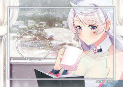  artist_name bare_shoulders black_choker black_wrist_cuffs blush book border breasts choker cleavage closed_mouth coffee_mug collarbone corset cup curtains detached_collar english_commentary facial_mark female frilled_wrist_cuffs frills highres holding holding_book holding_cup inset_border long_hair maika_(vocaloid) mint_frappee mug multicolored_corset musical_note pink_corset pink_eyes rain sleeveless solo speech_bubble twitter_username vocaloid white_border white_corset white_hair window wrist_cuffs 