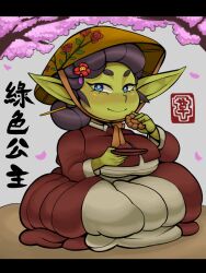  2023 5_fingers accessory asian_clothing big_breasts black_hair blue_eyes blush breasts cherry_blossom cherry_blossom_tree cherry_tree clothed clothing east_asian_clothing female fingers flower flower_ornament food fruit_tree fully_clothed goblin green_body green_skin hair hair_accessory hanbok hat headgear headwear hi_res holding_food holding_object holding_plate humanoid humanoid_pointy_ears japanese_text jazel_(forastero) korean_clothing looking_at_viewer meat_447 plant prunus_(flower) short_stack sitting sitting_on_ground smile solo straw_hat text tied_hair translation_request tree 