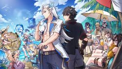  3boys 6+girls :d abs adjusting_eyewear aether_(genshin_impact) alternate_costume animal animal_on_shoulder bandaged_arm bandages beach beach_chair beach_umbrella belt bikini bikini_skirt black_bandages black_hair blonde_hair blue_eyes blue_hair blue_sky brown_hair bucket cane cardigan chiori_(genshin_impact) clorinde_(genshin_impact) closed_mouth cooking cowlick day drill_hair eating_hair eyewear_on_head food food_in_mouth furina_(genshin_impact) furry furry_female genshin_impact gentilhomme_usher grey_hair grill grilling halo hand_on_eyewear highres holding holding_bucket holding_cane holding_umbrella hood hood_down hooded_cardigan leisurely_otter_(genshin_impact) light_smile long_hair looking_at_another lumine_(genshin_impact) mademoiselle_crabaletta male_swimwear mechanical_halo melusine_(genshin_impact) mhunter_45 multicolored_hair multiple_boys multiple_girls navia_(genshin_impact) neuvillette_(genshin_impact) on_chair one_eye_closed open_cardigan open_clothes open_mouth open_shirt otter outdoors paimon_(genshin_impact) palm_tree purple_eyes purple_hair sand sand_castle sand_sculpture shirt short_hair short_sleeves sigewinne_(genshin_impact) sitting sky smile standing stomach summer sunglasses surintendante_chevalmarin swimsuit tied_shirt toned toned_male tree two-tone_hair umbrella very_long_hair water white_hair wriothesley_(genshin_impact) 