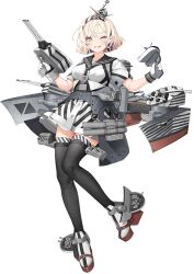  anti-aircraft_gun black_stripes blonde_hair female full_body gloire_(kancolle) grey_eyes hairband hoshiakari_(c2_kikan) kantai_collection machinery medium_hair official_art one_eye_closed sailor_collar short_sleeves smile solo striped_clothes thighhighs transparent_background turret 