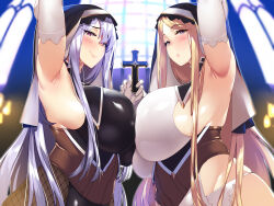  2girls absurdres arm_up armpits black_dress black_pantyhose blonde_hair blue_hair blush breast_press breasts church closed_mouth cross dress elbow_gloves fishnets gloves grey_eyes habit hair_ribbon highres holding holding_cross huge_breasts long_hair looking_at_viewer multiple_girls non-web_source nun original pantyhose parted_lips purple_eyes ribbon sideboob sidelocks sleeveless sleeveless_dress smile standing symmetrical_docking takamura_wamu take_your_pick very_long_hair white_dress white_gloves window 