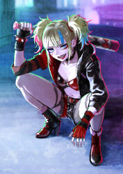  baseball_bat belt black_choker blonde_hair blue_eyes blue_hair breasts choker cleavage collarbone female gloves harley_quinn high_heels highres holding holding_baseball_bat looking_at_viewer makeup medium_hair menka_(menka_wata) multicolored_hair red_belt shorts small_breasts smile solo squatting suicide_squad_isekai teeth twintails 